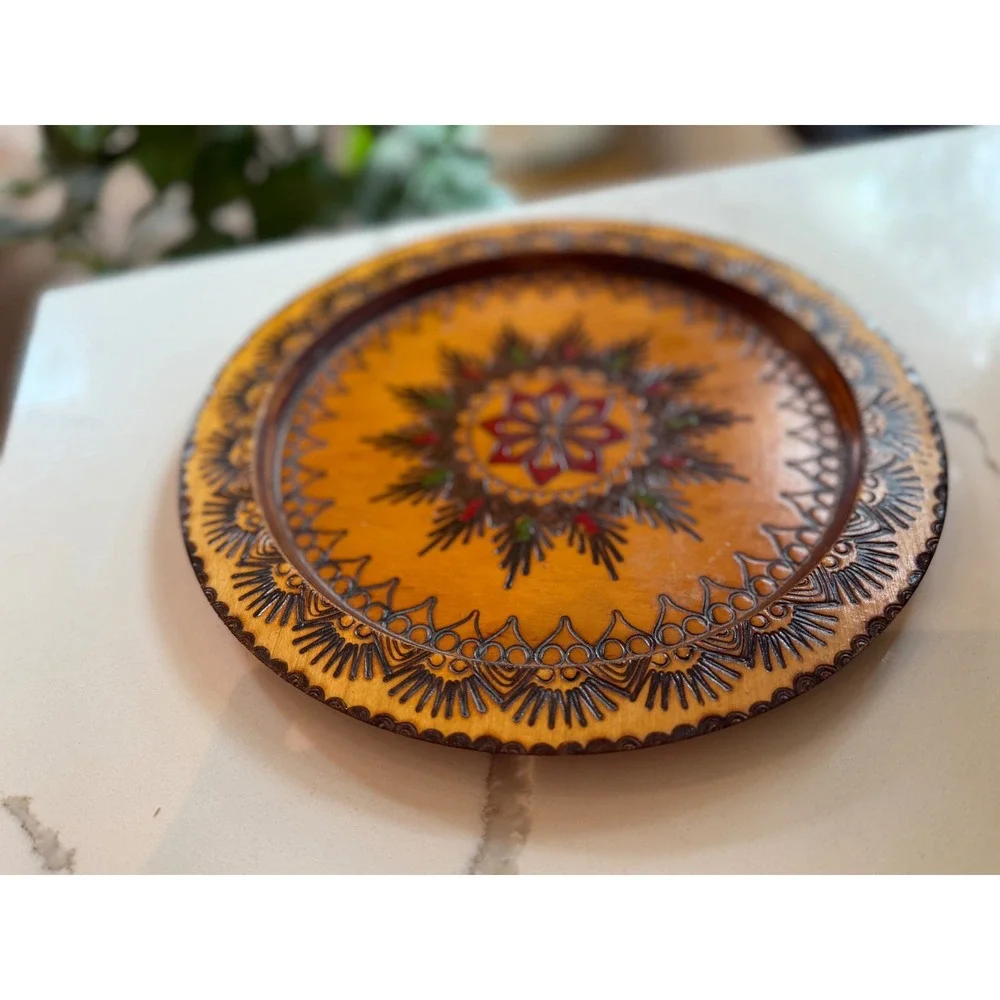 Vintage Polish Folk Art Hand Carved Painted Wood Pyrography Wall Plate 9.5